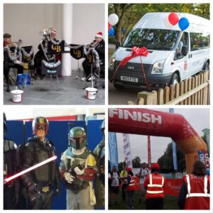 Band playing, minibus, star wars characters, finish line